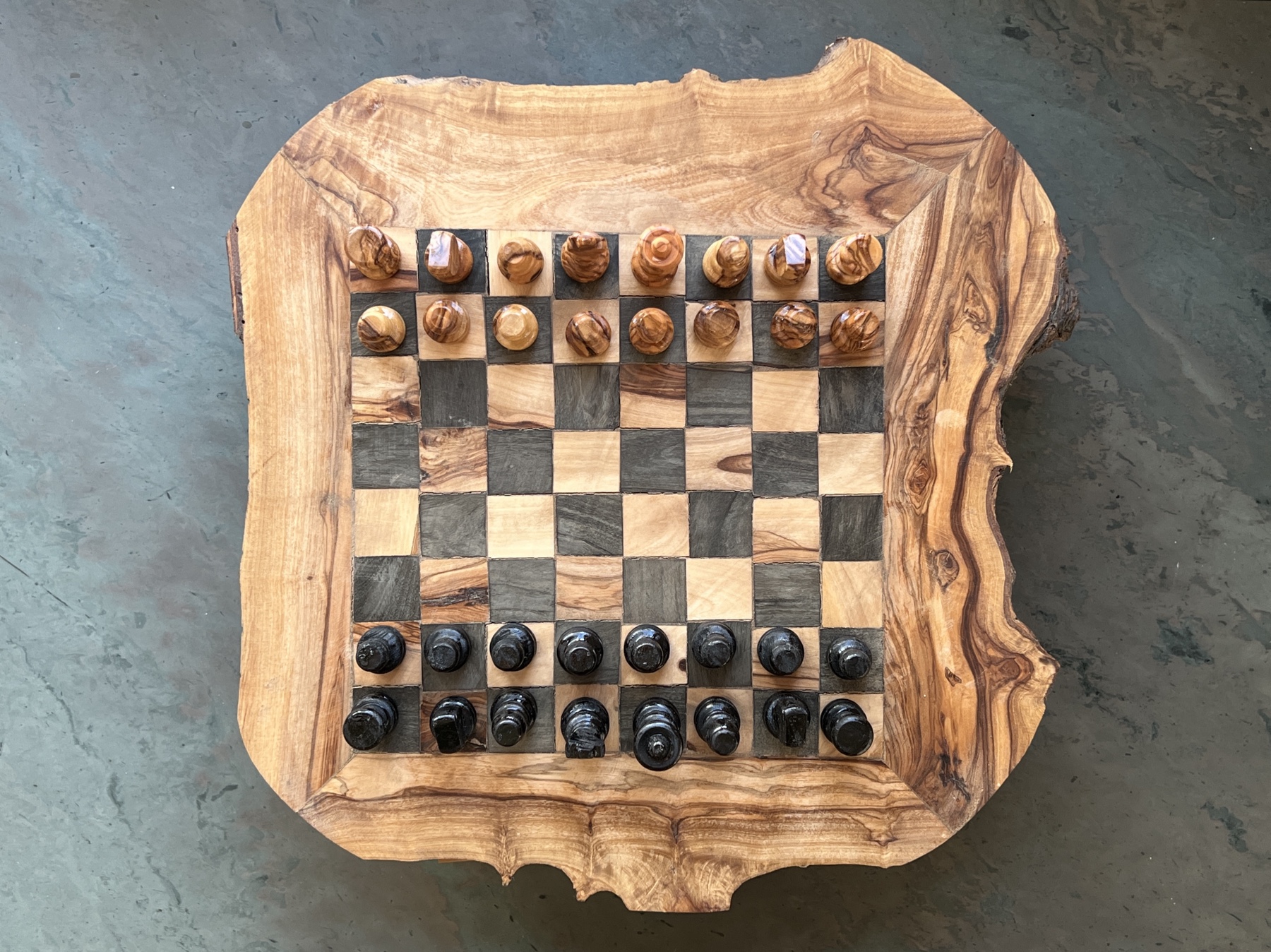 rustic chess board made with inlaid wood